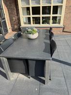Moderne tuinset met 6 stoelen en natuurstenen tafel, Tuin en Terras, Ophalen of Verzenden, Gebruikt, Rechthoekig, Metaal