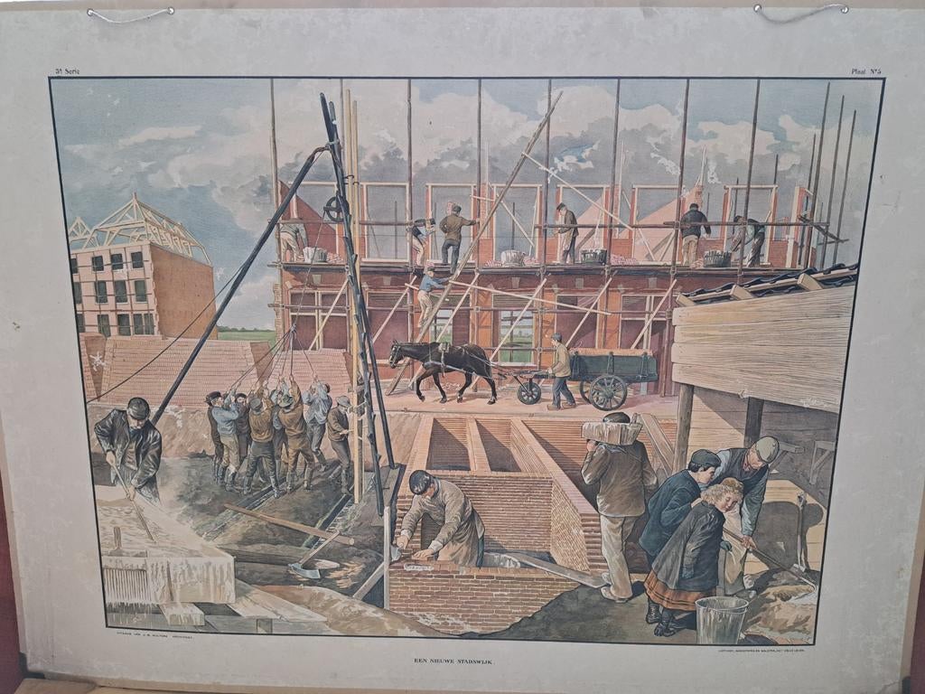 Antieke Bouwplaats Prent - 'Les du Maçonnerie, Antiek en Kunst, Antiek | Schoolplaten, Ophalen