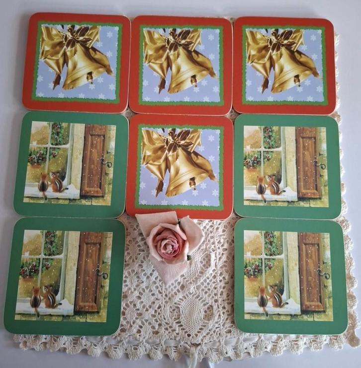 8 Onderzetters KERST, klokken, eekhoorntjes, kerstkrans, Diversen, Kerst, Gebruikt, Ophalen of Verzenden