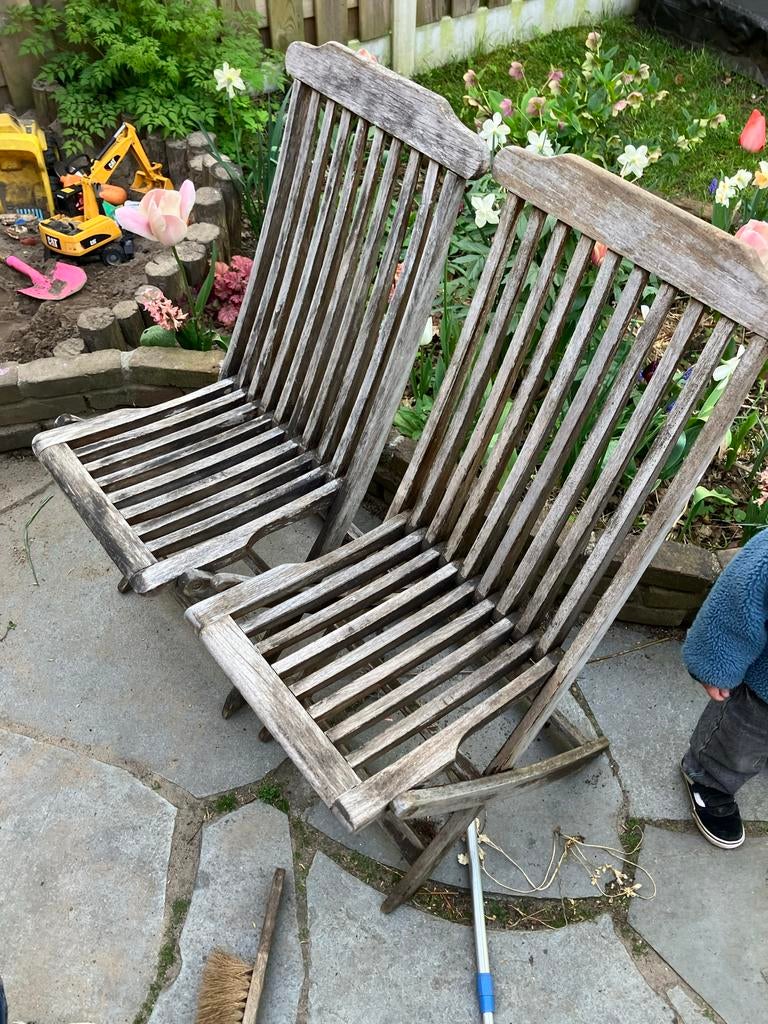 Gratis 4 teak houten tuinstoelen, Ophalen, Gebruikt, Hout, Inklapbaar