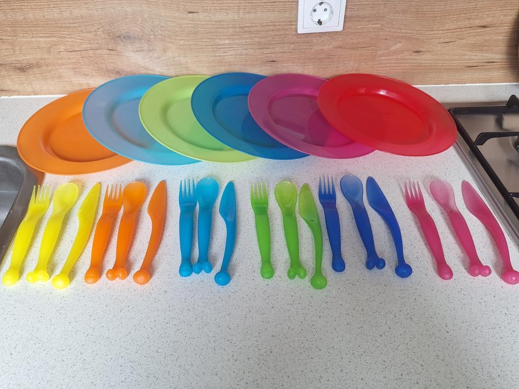 6 delig Ikea kinderbestek set met borden, Ophalen of Verzenden, Rvs of Chroom