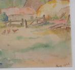 Aquarel boerderij met kippen Hollandse/Haagse school stijl, Ophalen of Verzenden