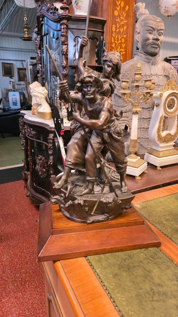 Groot antiek gesigneerd dubbel beeld, Antiek en Kunst, Kunst | Beelden en Houtsnijwerken, Ophalen of Verzenden