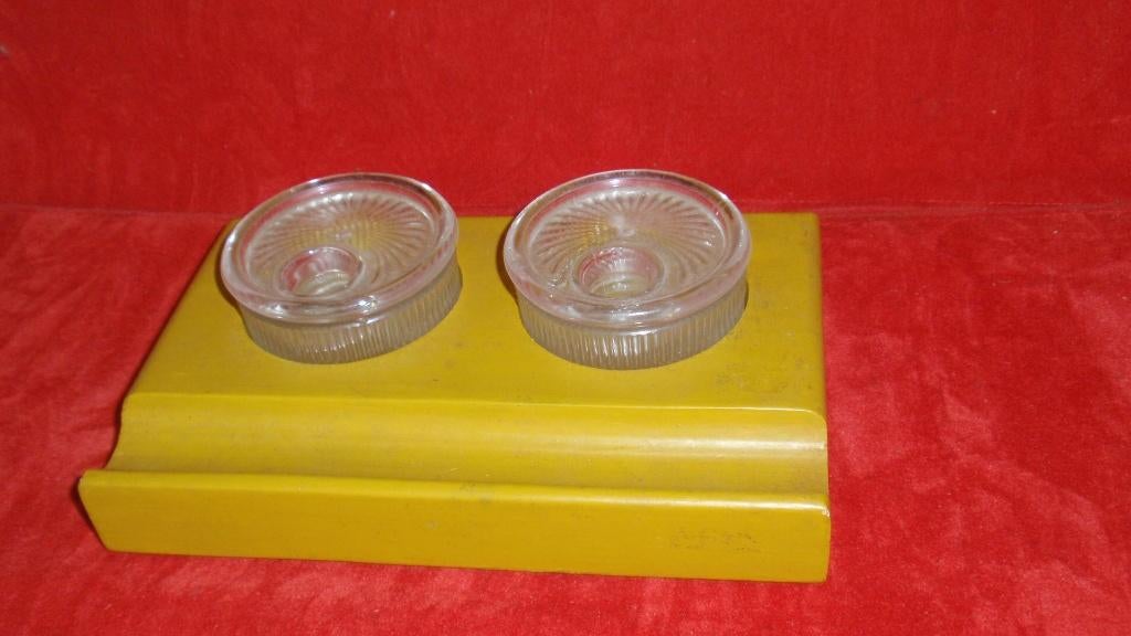 Oud jaren 1920/30 inktstel beukenhout en glas inktpot, Antiek en Kunst, Ophalen of Verzenden