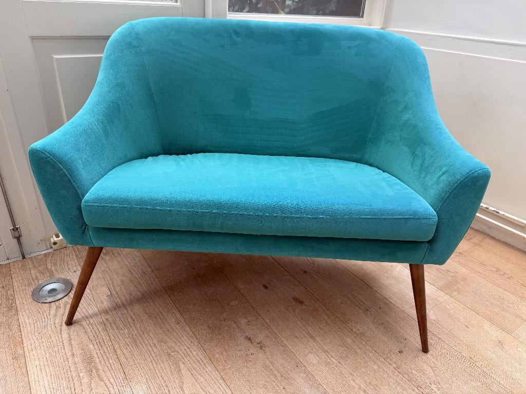 2 zits bank fluweel teal mid century design, Ophalen, Minder dan 75 cm, Tweepersoons, Zo goed als nieuw