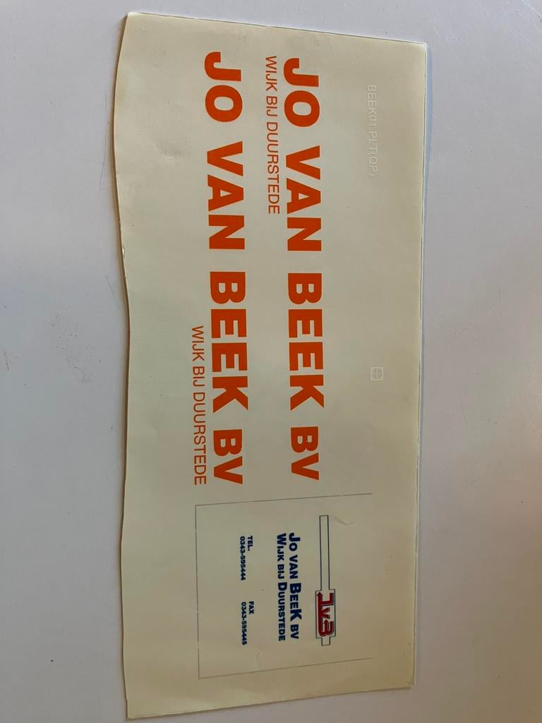1:50 sticker Jo. Van beek voor huiftrailer., Hobby en Vrije tijd, Modelauto's | 1:50, Verzenden, Zo goed als nieuw, Bus of Vrachtwagen