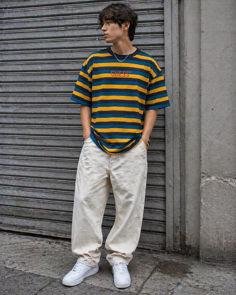 Guess oversized gestreept t-shirt | M, Maat 48/50 (M), Geel, Ophalen of Verzenden, Zo goed als nieuw