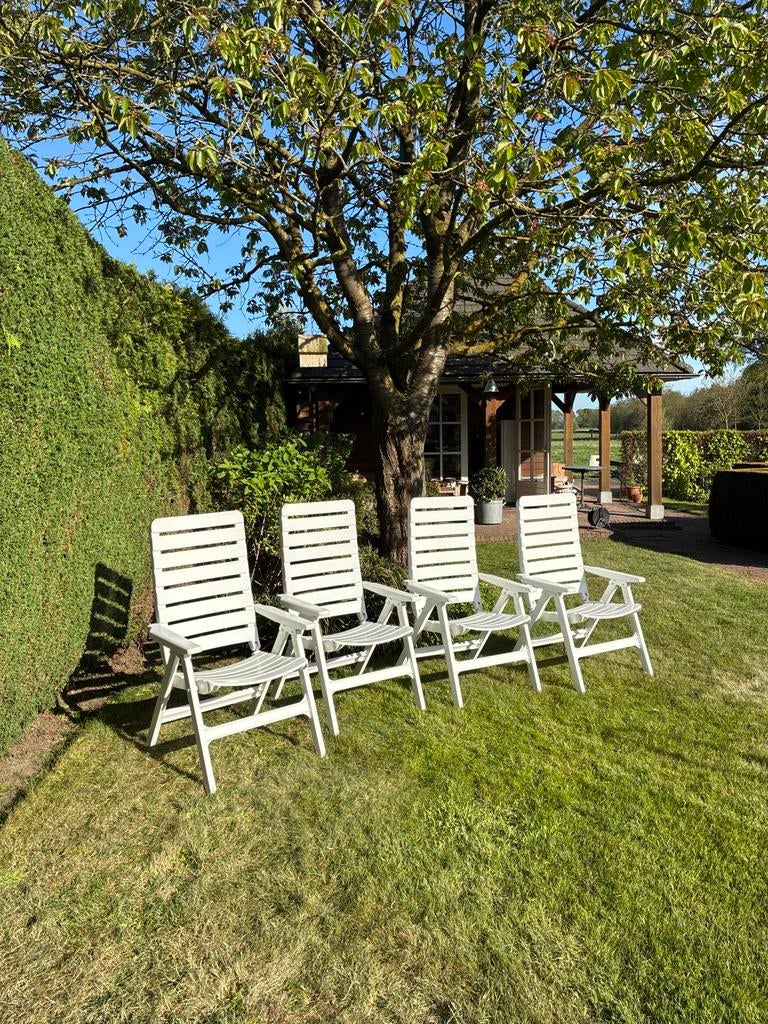 4x Witte verstelbare tuinstoelen, Ophalen, Gebruikt, Kunststof, Verstelbaar