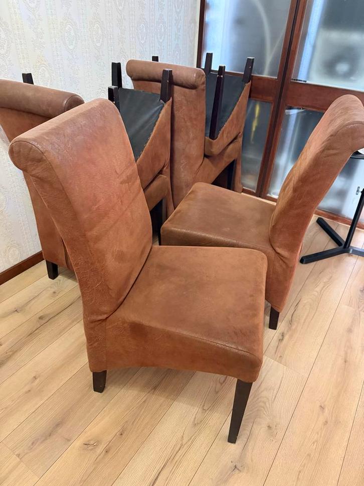 Set van 6 bruine eetkamerstoelen, Huis en Inrichting, Stoelen, Gebruikt, Vijf, Zes of meer stoelen, Stof, Bruin, Ophalen