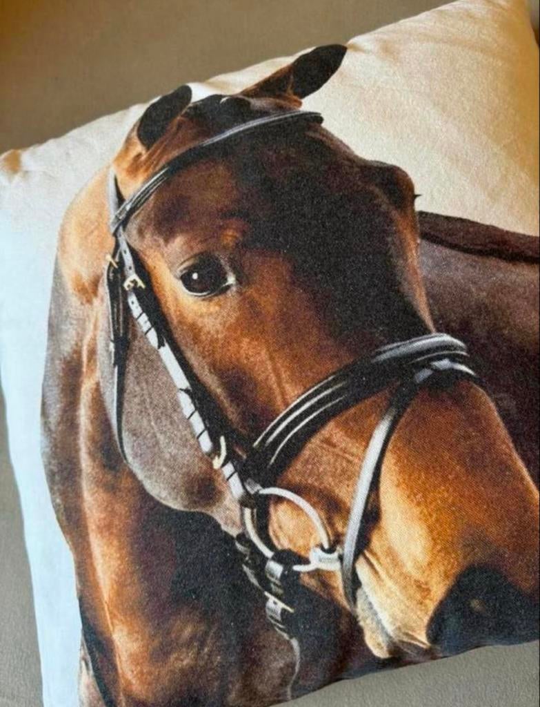 Kussen met paardenhoofd 47/47cm Mars&Moremore, Huis en Inrichting, Woonaccessoires | Kussens, Ophalen of Verzenden, Zo goed als nieuw