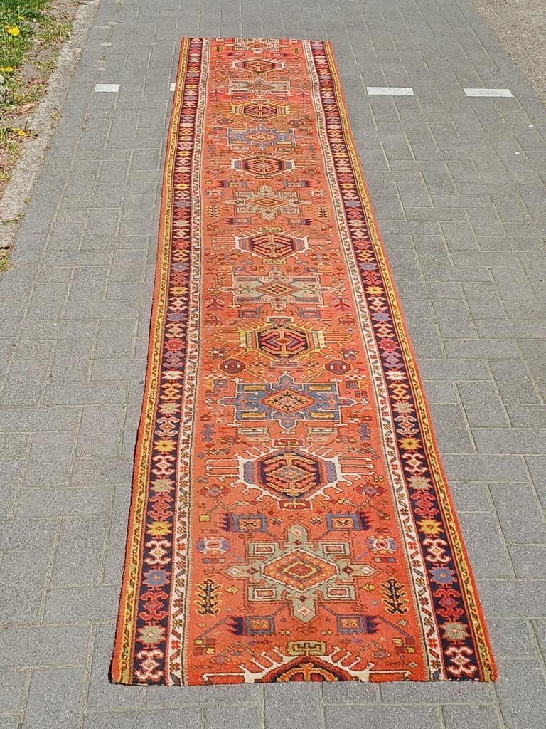 Vintage Perzische Handgeknoopte Traploper - Rood/Oranje, Minder dan 50 cm, Gebruikt, 200 cm of meer, Ophalen of Verzenden