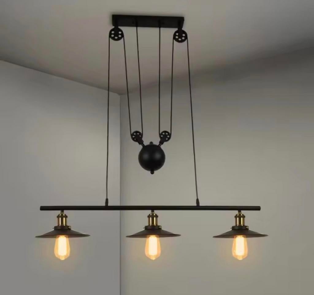 Vintage Industriële Zwarte Hanglamp 3 Kappen Katrol, Ophalen