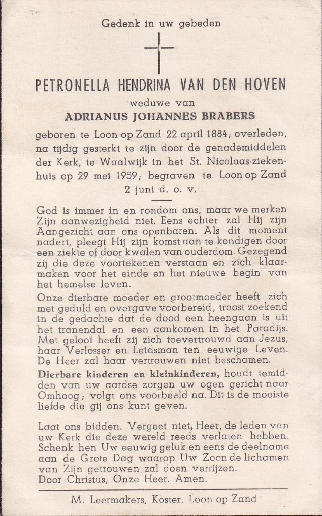 Hoven Petronella 1884 Loon op Zand 1959 Waalwijk, Ophalen of Verzenden, Bidprentje