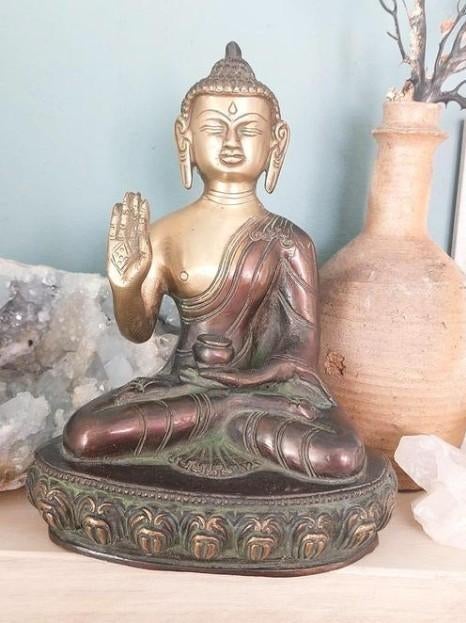 Oude Vintage Koperen Boeddha Boeddhisme Abhaya Mudra, Gebruikt, T, Ophalen of Verzenden, N