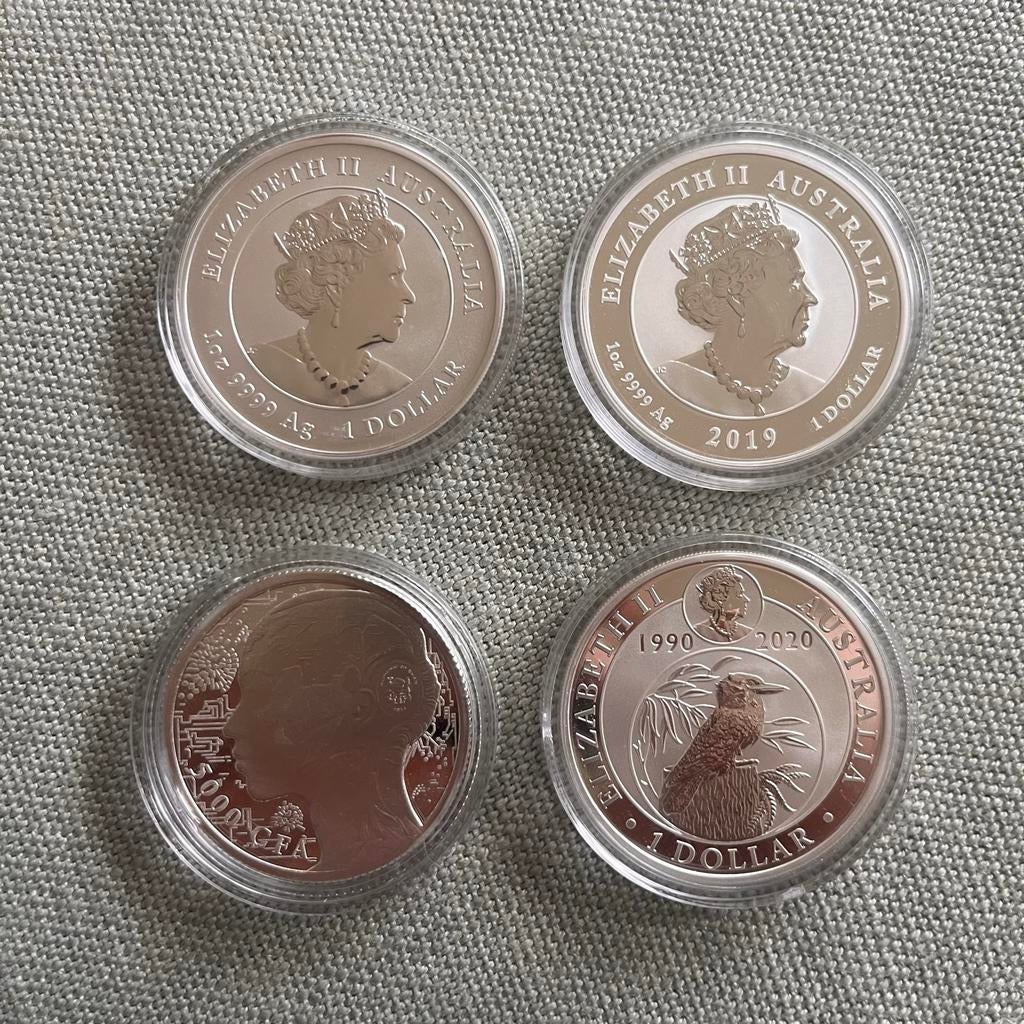 4 x 1 troy ounce zilveren munten. Kookaburra, Lunar, Tsjaad, Ophalen of Verzenden
