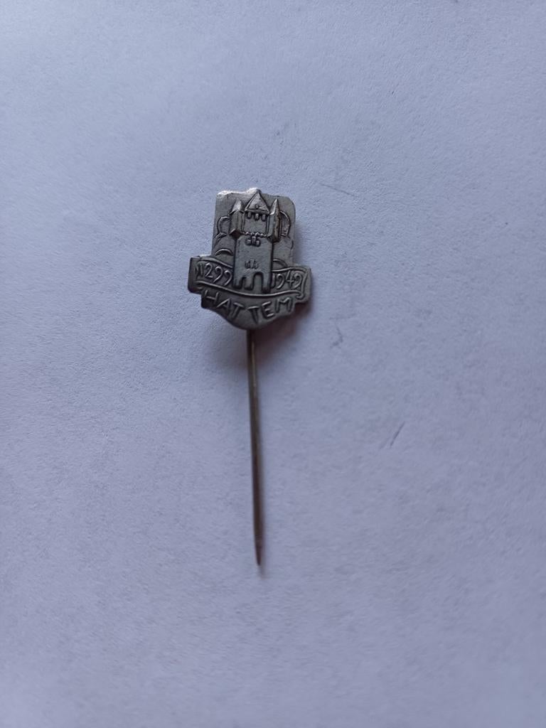 Pin Hattem met Dijkpoort 1299-1949 - 700 jaar jubileum, Ophalen of Verzenden, Gebruikt, Stad of Land, Speldje of Pin