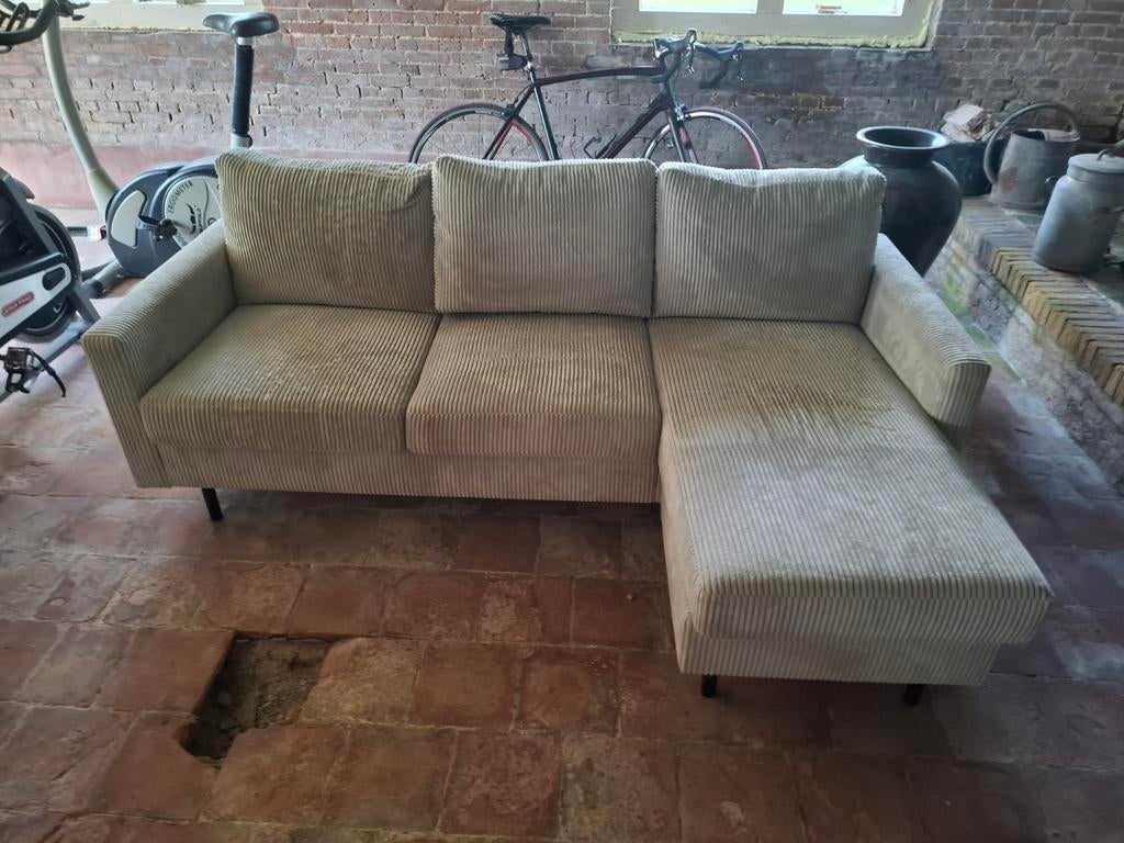Zo goed als nieuwe beige/zandkleurige ribstof hoekbank, Ophalen, 150 tot 200 cm, Driepersoons, 75 tot 100 cm