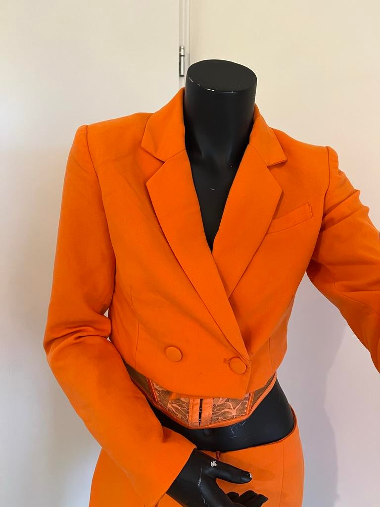 Oranje set: bustier, rok en blazer - Perfect voor Koningsdag, Maat 38/40 (M), Kostuum of Pak, Oranje, Ophalen of Verzenden