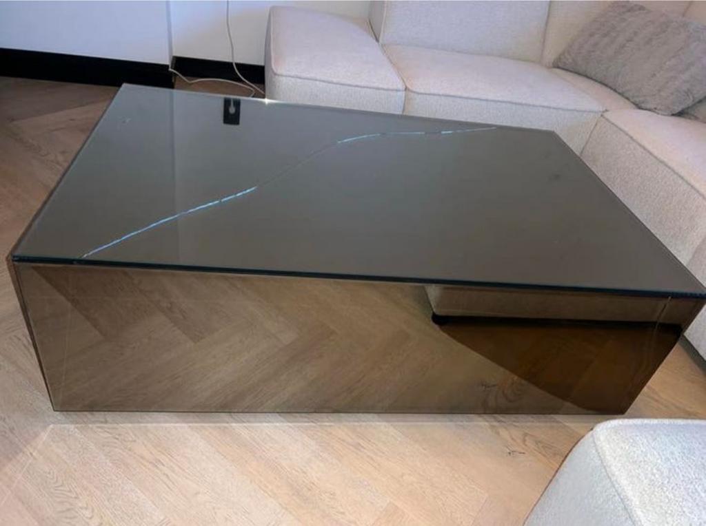 Stijlvolle salontafel - eric kuster stijl + spiegelglas, 100 tot 150 cm, Zo goed als nieuw, Minder dan 50 cm, Rechthoekig