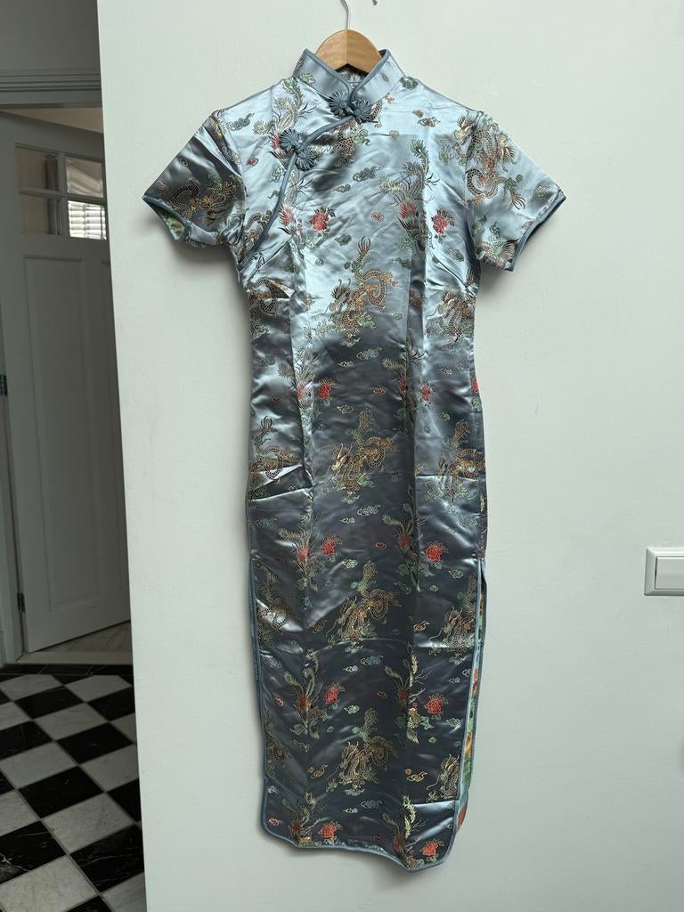 Vintage Chinese Zijden Jurk Draak Brokaat Blauw Maat L, Ophalen of Verzenden, Nieuw, Maat 42/44 (L), Blauw