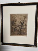 Knotwilgen langs waterkant - schipper in bootje - ets, Antiek en Kunst, Ophalen of Verzenden