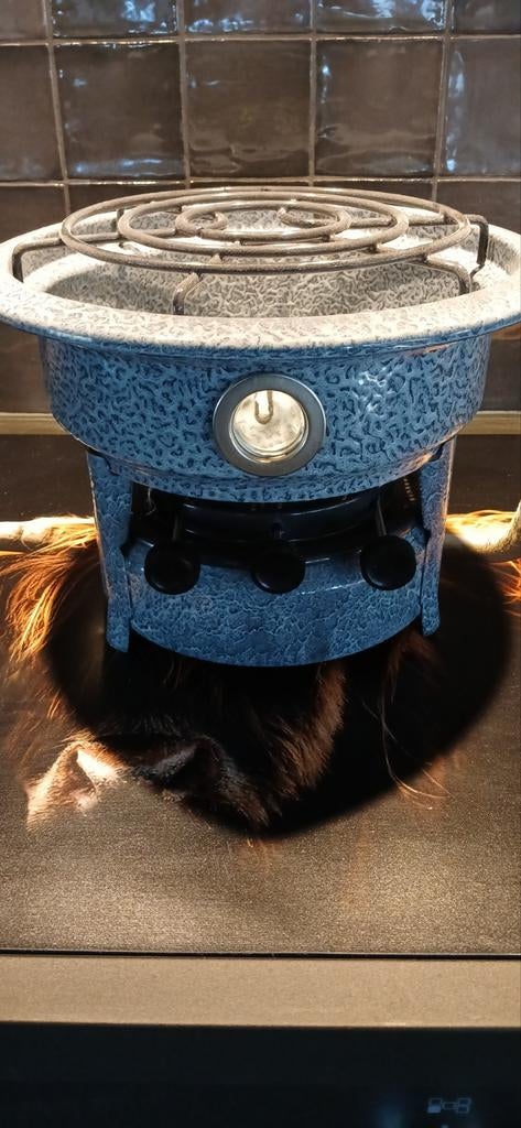 Nieuw grijs gewolkt 3-pits petroleumstel in doos + lonten, Antiek en Kunst, Antiek | Emaille, Ophalen of Verzenden