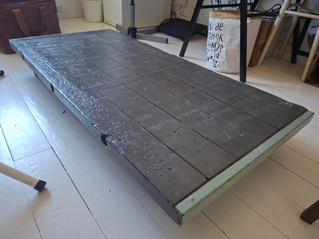 Steenschot Salontafel / Speeltafel op wielen - robuust hout, Ophalen, Robuust, industrieel, Gebruikt, 100 tot 150 cm