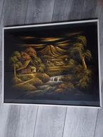 Vintage fluwelen schilderij met berglandschap, Ophalen of Verzenden