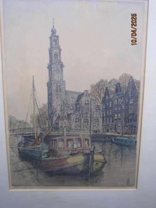 Amsterdam, Mooie Kl. Ets van de WESTERTOREN e.o MJANSSEN, Antiek en Kunst, Kunst | Etsen en Gravures, Ophalen of Verzenden