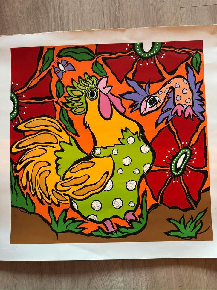 Chickens- gesigneerd en oplage 22/75 Caja Wong Chung, Antiek en Kunst, Kunst | Litho's en Zeefdrukken, Ophalen of Verzenden