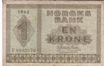 Noorwegen, 1 Kroon, 1943, p15a, Postzegels en Munten, Bankbiljetten | Europa | Niet-Eurobiljetten, Los biljet, Ophalen of Verzenden