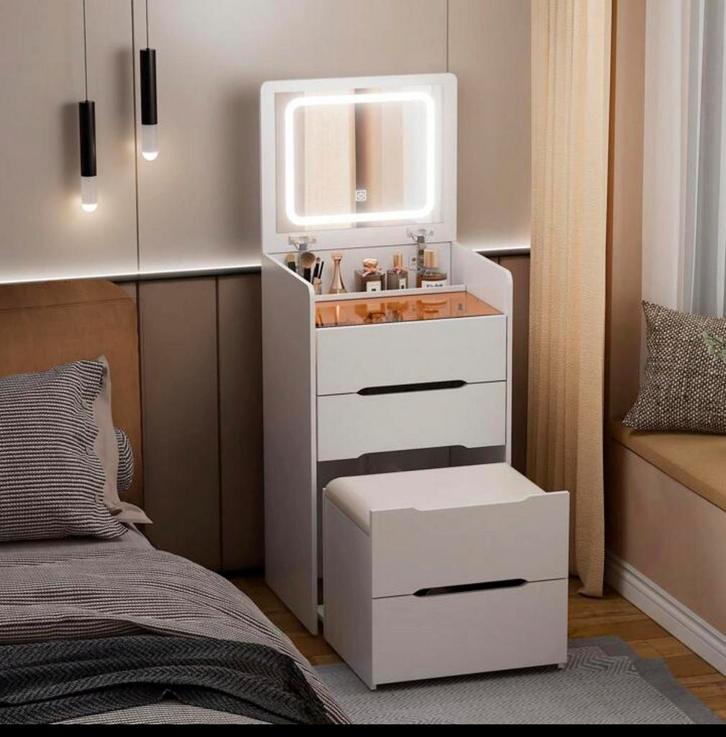 ✨ Moderne witte kaptafel met LED-spiegel en kruk – NIEUW!, Huis en Inrichting, Tafels | Kaptafels, Nieuw, Minder dan 100 cm, Minder dan 50 cm