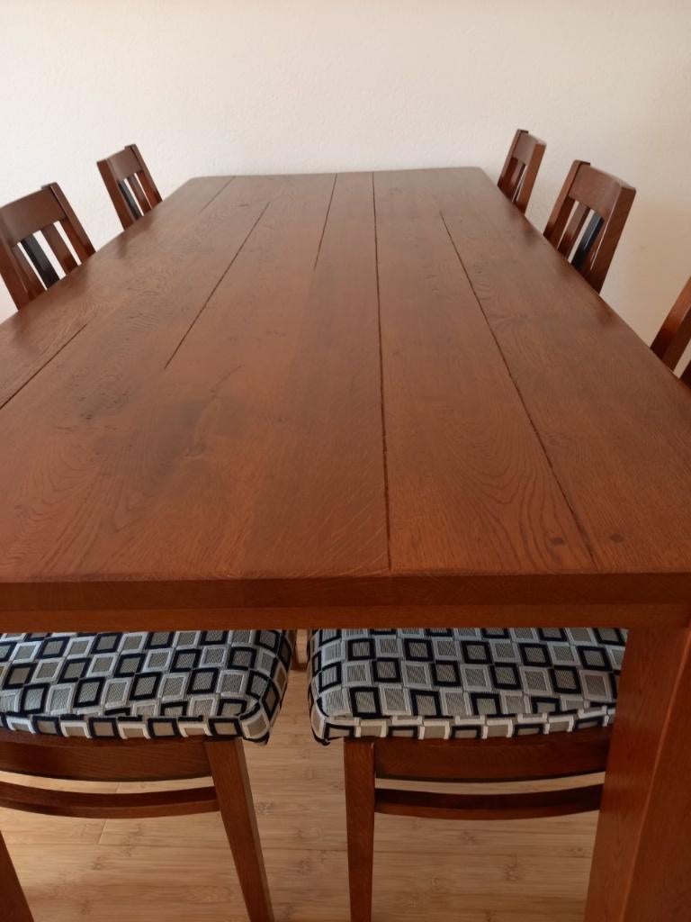 Eikenhouten eettafel met 6 stoelen van Baninck, Ophalen, Zo goed als nieuw, Modern, landelijk, Stoer, 4 tot 6 stoelen