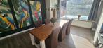 Stoere houten eettafel 2,6 x 1 m met witte poten + 6 stoelen, Ophalen, Overige materialen, Gebruikt, 200 cm of meer
