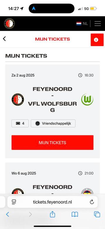 4 tickets naast elkaar vak C, Feyenoord - Wolfsburg beschikbaar voor biedingen