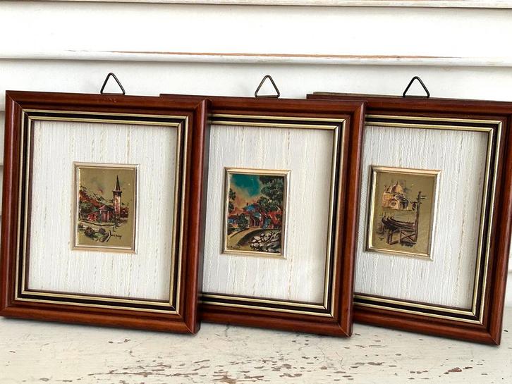Drie schilderijtjes goudfolie kunstwerkjes Italie 10x11 cm, Huis en Inrichting, Woonaccessoires | Schilderijen, Tekeningen en Foto's