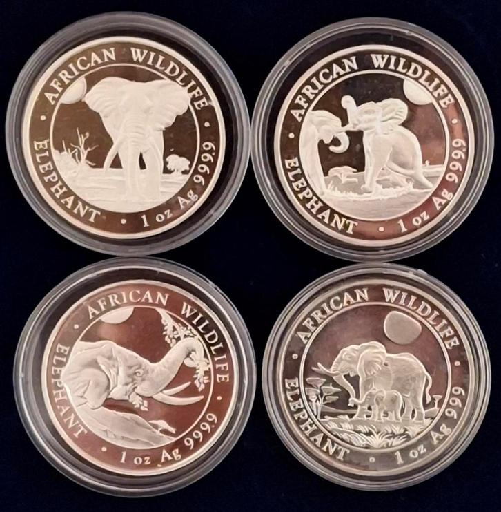 4 verschillende 1 Oz Somalische Olifanten  Zilver, Postzegels en Munten, Munten | Afrika, Losse munt, Overige landen, Zilver, Ophalen of Verzenden