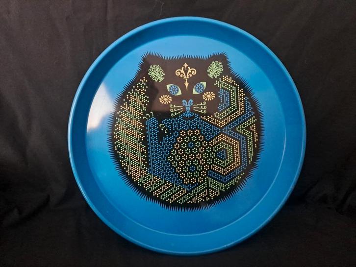 Kitsch Reginald Corfield 1960s Blue Cat Serving Tray. 20, Huis en Inrichting, Woonaccessoires | Dienbladen, Gebruikt, Metaal, Rond