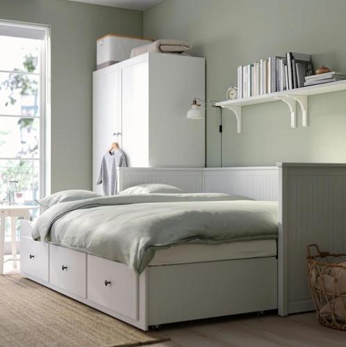 HEMNES Bedbank (incl. 3 lades), Huis en Inrichting, Slaapkamer | Bedden, Gebruikt, Tweepersoons, 160 cm, 200 cm, Hout, Wit, Verstelbaar