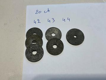 6 Franse 20 centimes munten  uit 1942 , 1943 , 1944 . beschikbaar voor biedingen