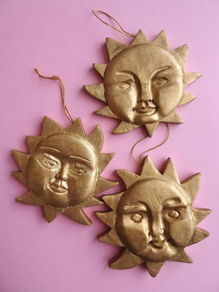 Vintage 90s zon kerst ornament hout goud kerstballen design, Diversen, Kerst, Zo goed als nieuw, Ophalen