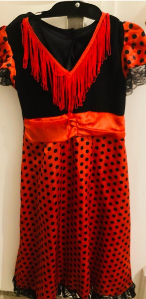 Spaanse Flamenco Danseres Jurk + Castagnetten 4-6 jaar, Kinderen en Baby's, Carnavalskleding en Verkleedspullen, Zo goed als nieuw