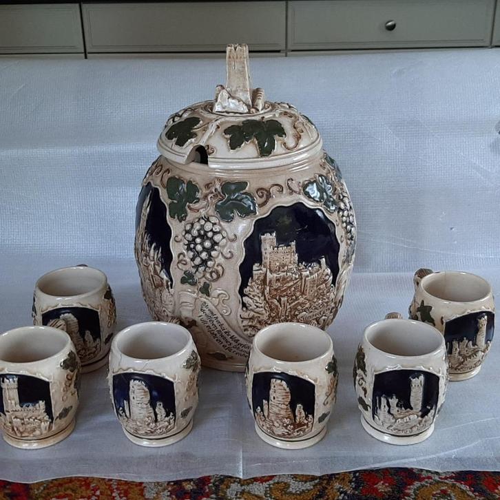 Vintage Gerz punch bowl met deksel / Rumtopf met 6 bekers, Antiek en Kunst, Antiek | Keramiek en Aardewerk, Ophalen