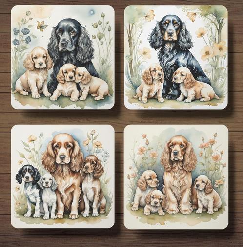 Cockerspaniël met puppy’s onderzetters met houder, Huis en Inrichting, Woonaccessoires | Onderzetters, Nieuw, Glas of Kopje, Ophalen of Verzenden