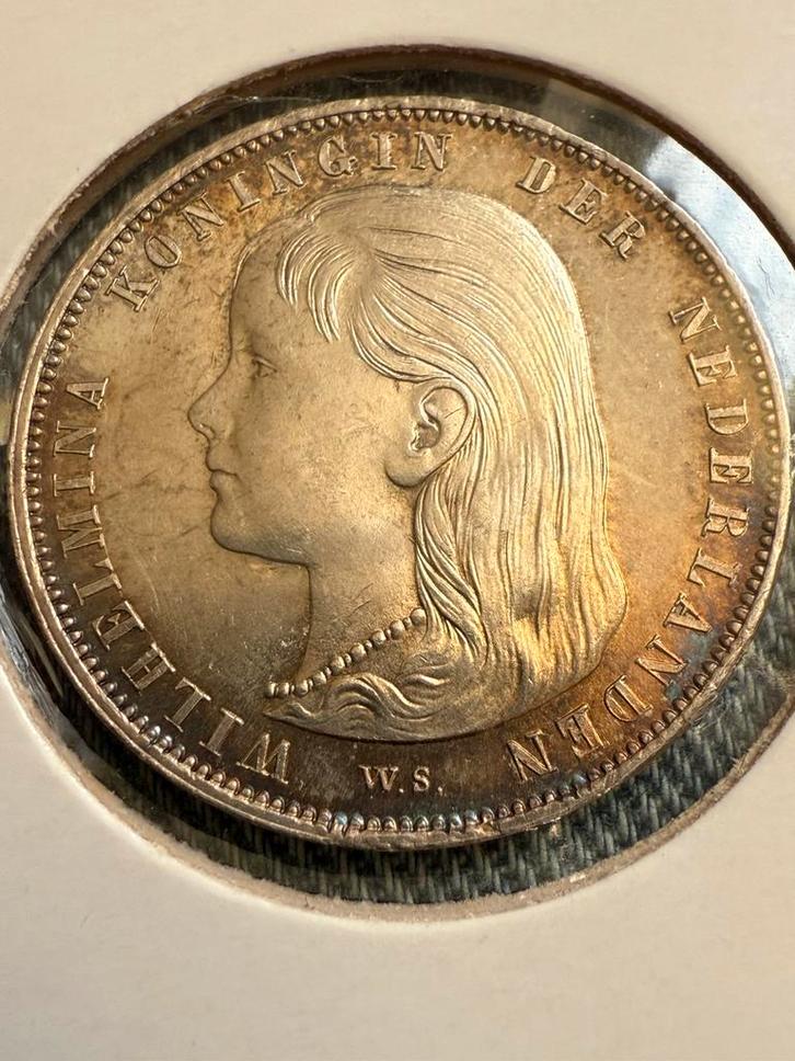 Topper gulden Wilhelmina lang haar., Postzegels en Munten, Munten | Nederland, Losse munt, 1 gulden, Koningin Wilhelmina, Zilver