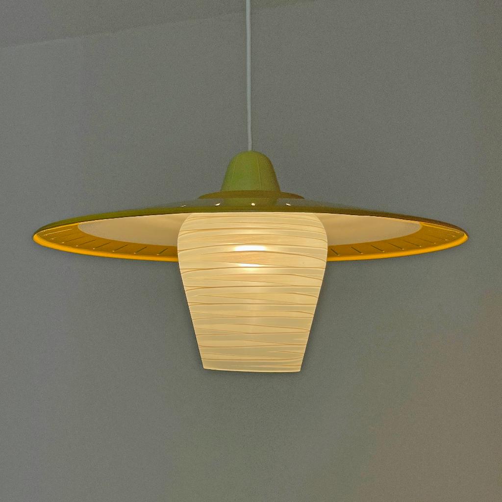 vintage design LAMP Mid Century geel opaalglas Retro fifties, Huis en Inrichting, Lampen | Hanglampen, Gebruikt, Minder dan 50 cm