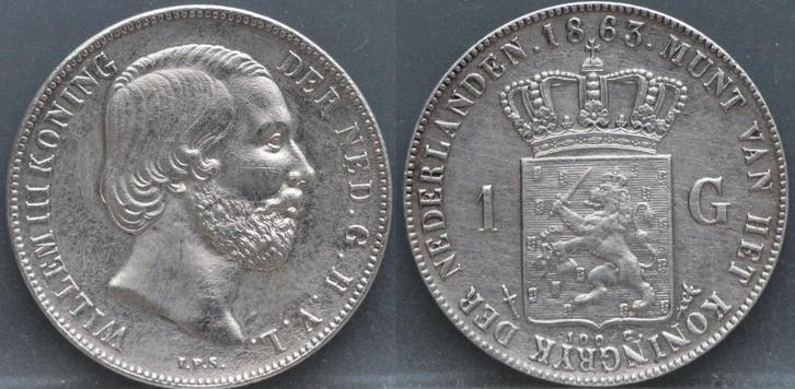 Zilveren 1 gulden 1863 Willem 3 - prachtig!, Postzegels en Munten, Munten | Nederland, Losse munt, 1 gulden, Koning Willem III