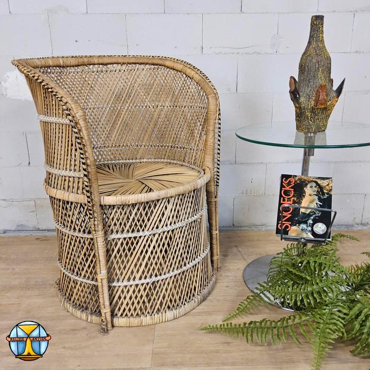 Vintage geweven Rotan / Rattan Stoel / luie bohemian stoel, Huis en Inrichting, Stoelen, Gebruikt, Eén, Riet of Rotan, Bruin, Ophalen of Verzenden