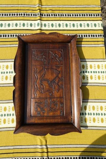 oud dienblad - Mahonie hout - fraai bewerkt - zee taferelen beschikbaar voor biedingen