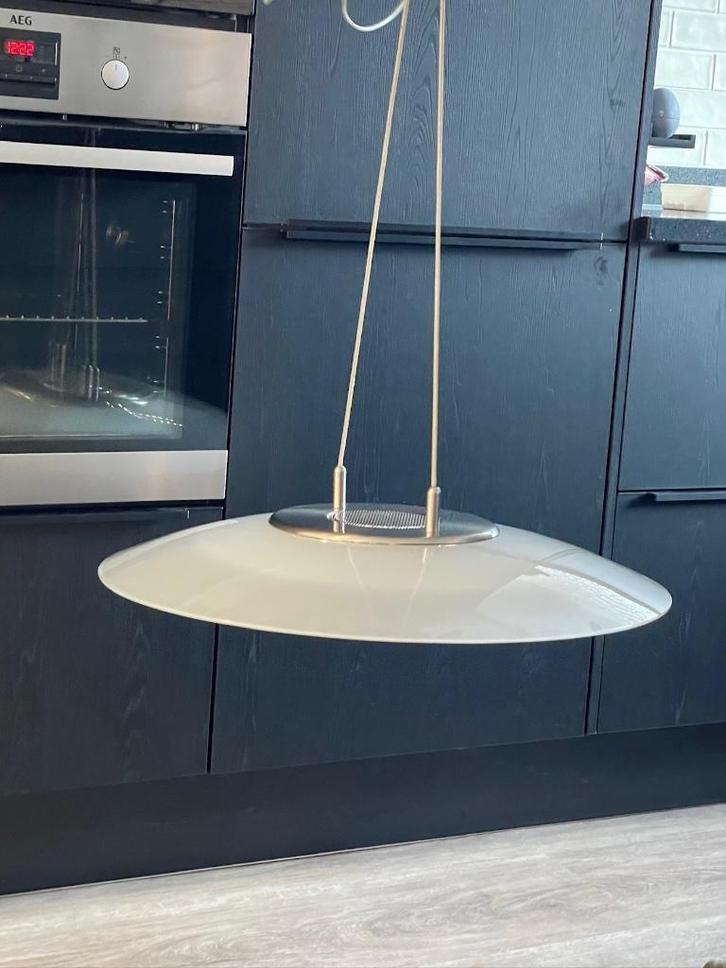 Hanglamp jaren '70-'80, Huis en Inrichting, Lampen | Hanglampen, Gebruikt, 75 cm of meer, Glas, Metaal, Ophalen